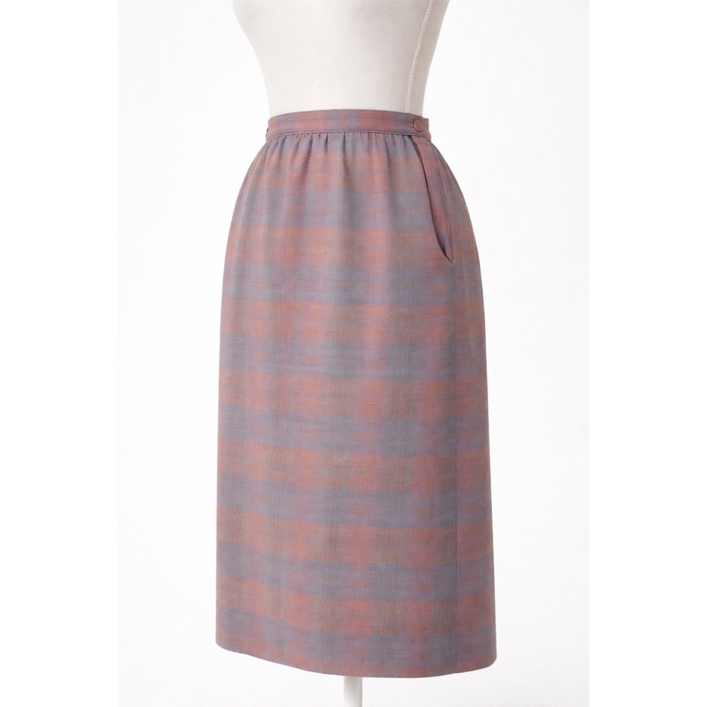 Vintage Plaid 100% Wool High Rise Pencil‎ Midi Skirt 50 60s Pastel Retro 24'